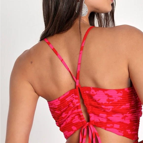 Lulu's Vibrant Moment Red and Pink Floral Pleated Lace-Up Midi Dress in Small - Picture 5 of 8